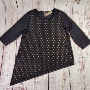 Chicos Travelers Sierra Studded Top Women 3 Black Gold Asymmetric Hem Festive XL